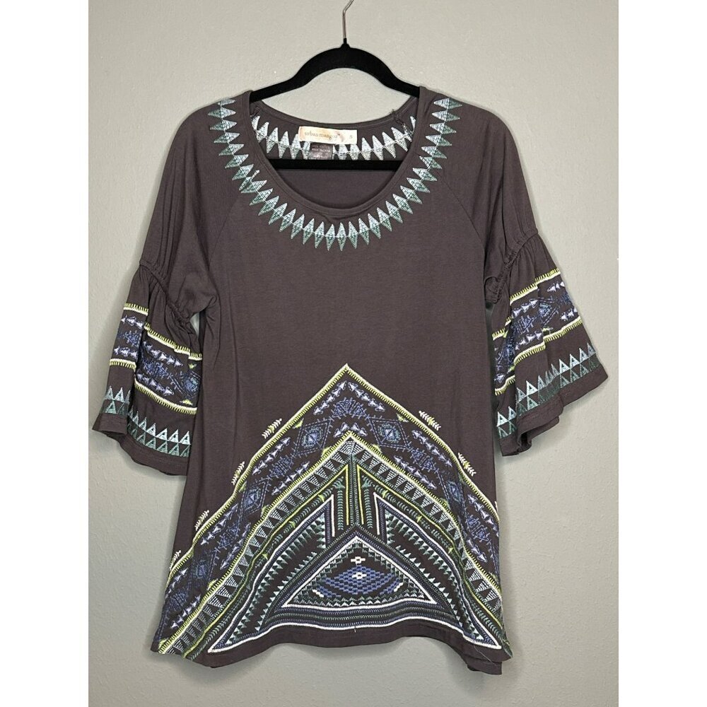 Urban Mangoz Embroidered Geometric Aztec Bell Sleeve Women's Blouse Small